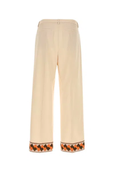 Valentino Wool Trousers With Embroidered Hem And Wide Leg In Neutral