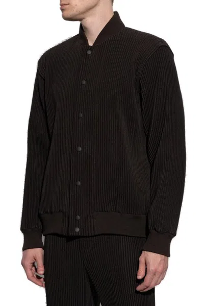 Issey Miyake Ribbed Texture Bomber Jacket In Brown