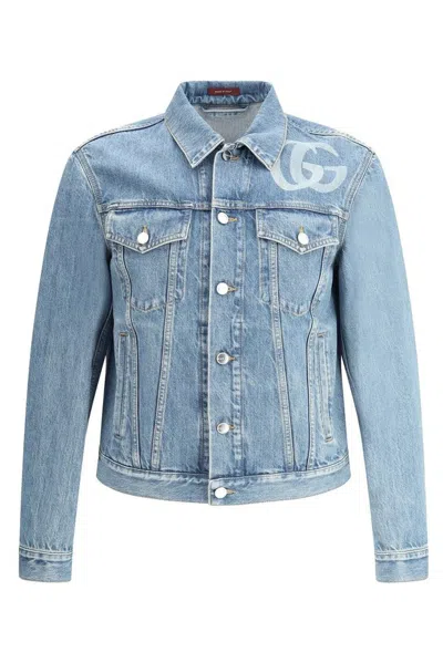 Gucci Light Blue Jacket With Gg Logo Print On The Front In Denim Man In Blue