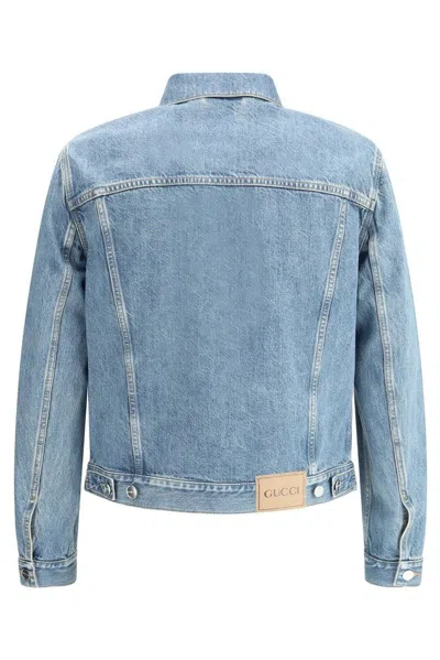 Gucci Light Blue Jacket With Gg Logo Print On The Front In Denim Man In Blue