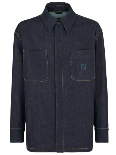 Fendi Logo Embroidered Denim Jacket In Black