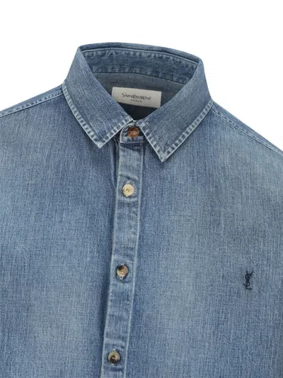 Saint Laurent Cassandre' Blue Cotton Shirt In Blue