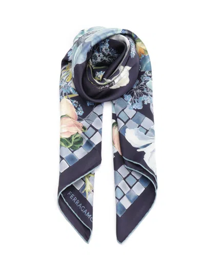 Ferragamo Flowers Print Silk Scarf Scarves And Foulards Blue In Multi