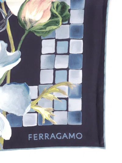 Ferragamo Flowers Print Silk Scarf Scarves And Foulards Blue In Multi