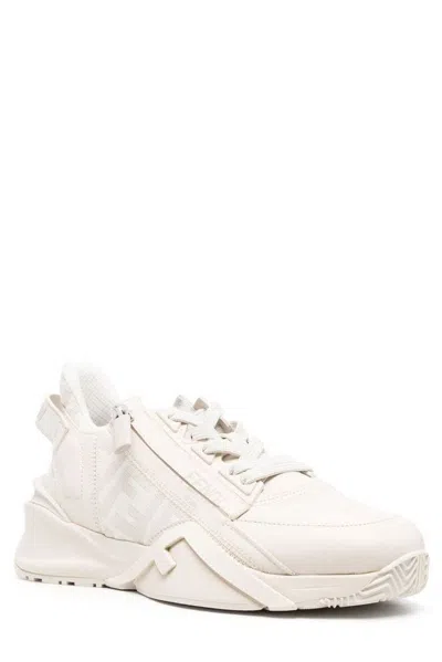 Fendi Ivory Leather And Jacquard  Flow Sneakers