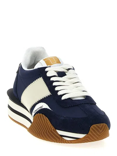 Tom Ford Mens Blue James Logo-print Leather And Suede Low-top Trainers