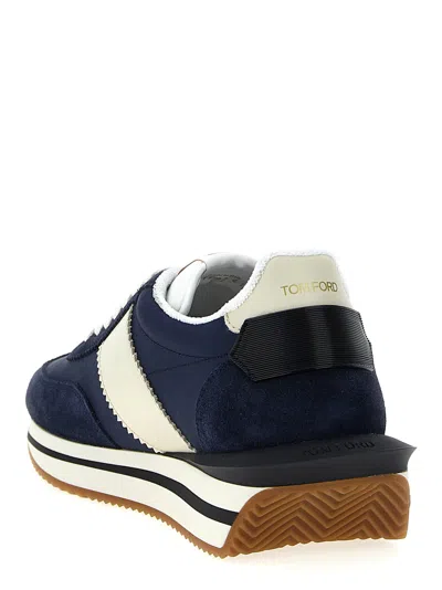 Tom Ford Mens Blue James Logo-print Leather And Suede Low-top Trainers