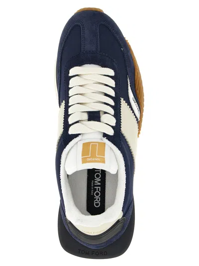 Tom Ford Mens Blue James Logo-print Leather And Suede Low-top Trainers