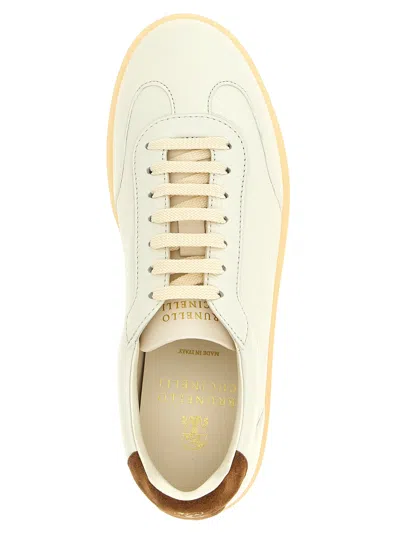 Brunello Cucinelli Hammered Leather Sneakers With Suede Accents In Neutral