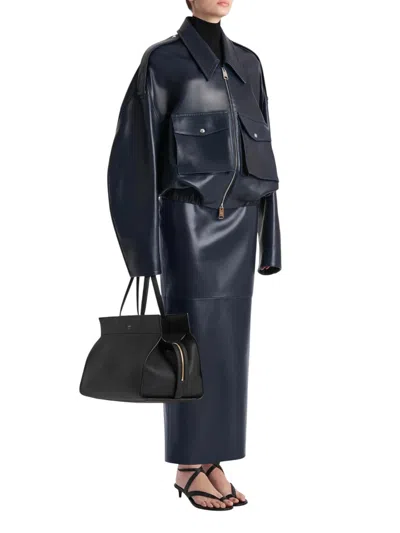Khaite Womens Dark Navy Loxley Mid-rise Leather Midi Skirt In Blue