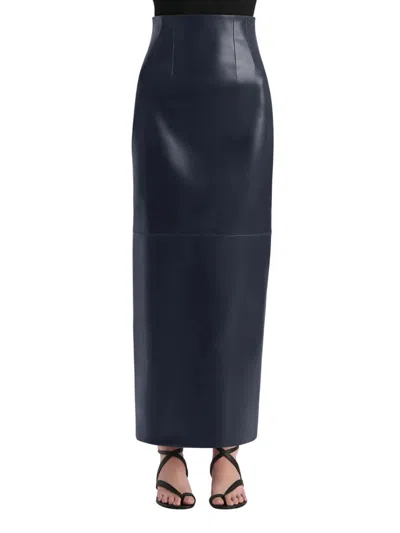 Khaite Womens Dark Navy Loxley Mid-rise Leather Midi Skirt In Blue