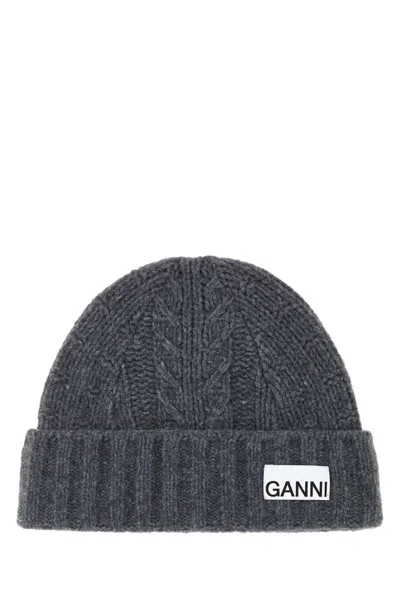 Ganni Women Melange Graphite Wool Blend Beanie Hat