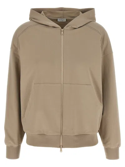 Brunello Cucinelli Hooded Kangaroo Pocket Top With Ribbed Cuffs In Brown