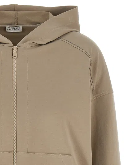 Brunello Cucinelli Hooded Kangaroo Pocket Top With Ribbed Cuffs In Brown