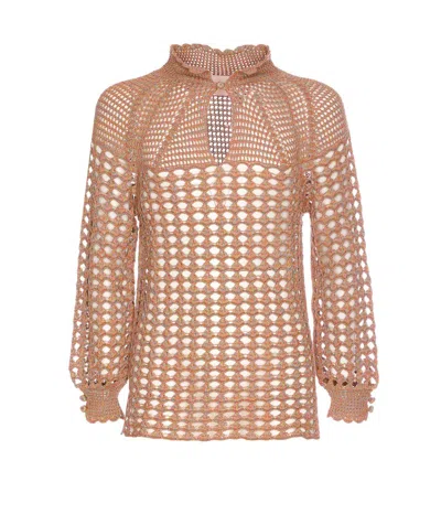 Valentino Openwork Sweater In Linen Blend In Nude