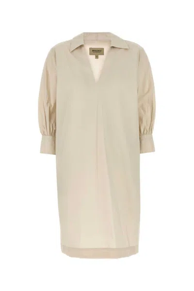 Woolrich Collared Knee-length Poplin Dress V-neckline In Neutral