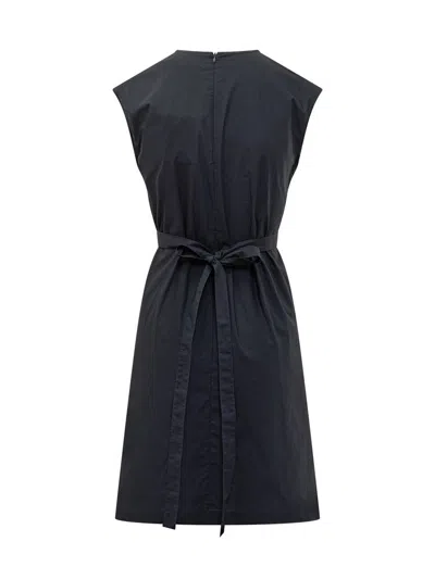 Woolrich Poplin Dress With Belted Waist And Cap Sleeves In Black
