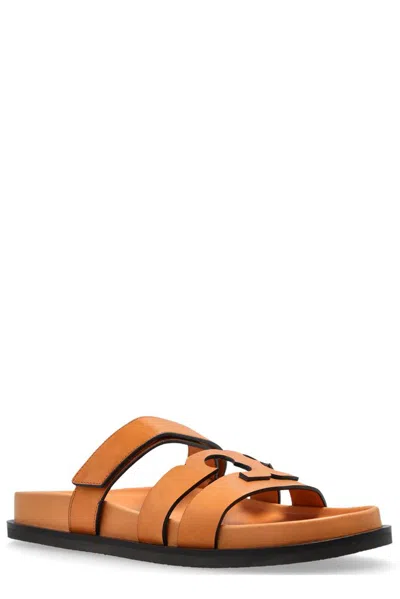 Tory Burch Orange Leather Lines Slippers In Brown
