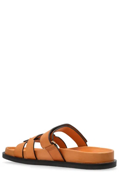 Tory Burch Orange Leather Lines Slippers In Brown