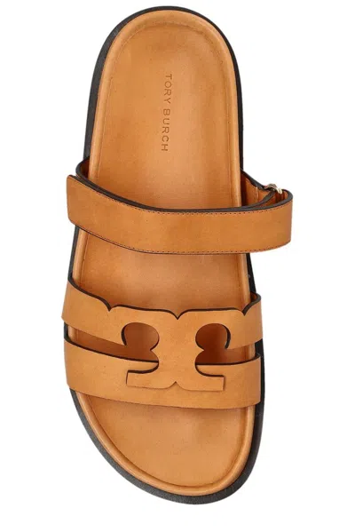 Tory Burch Orange Leather Lines Slippers In Brown