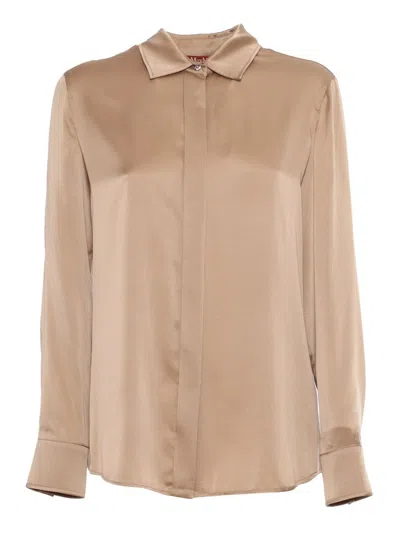 Mm Studio Pink Stretch Satin Baden Shirt In Brown