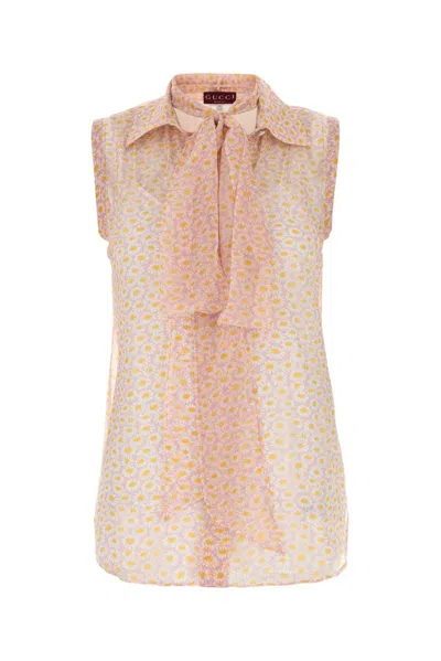 Gucci Sheer Fabric Sleeveless Shirt With Bow Detail