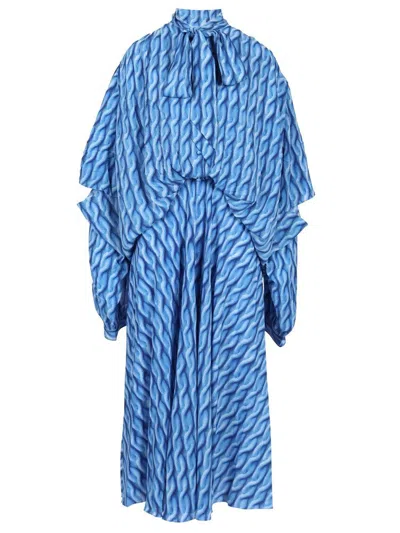 Balenciaga Blue Long Dress With All-over Print And Bow Closure In Fabric Woman
