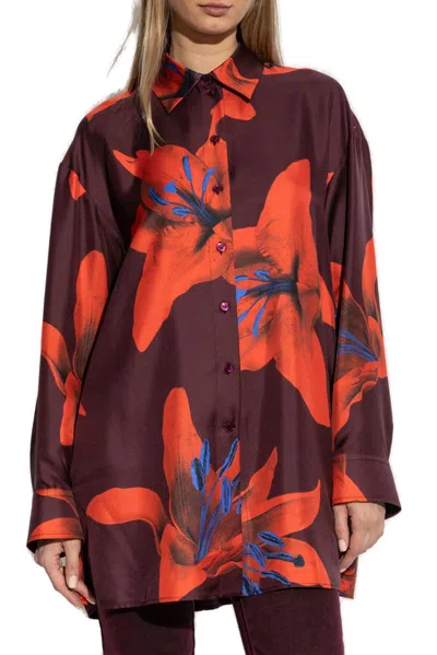 Alexander Mcqueen Silk Twill Pyjama Shirt With Flame Lily Print