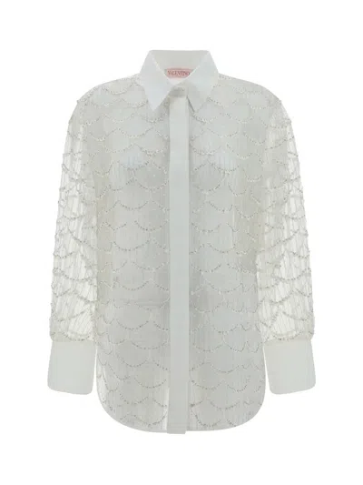 Valentino Tulle Illusione Embroidered Straight Hem Shirt In Gray