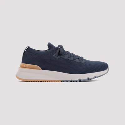 Brunello Cucinelli Leather-trimmed Stretch-knit Sneakers In Blue