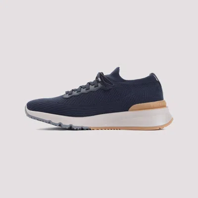Brunello Cucinelli Leather-trimmed Stretch-knit Sneakers In Blue