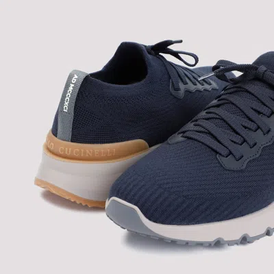 Brunello Cucinelli Leather-trimmed Stretch-knit Sneakers In Blue