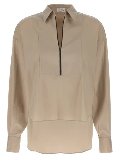 Brunello Cucinelli V-neck Shirt With Collared Design In Brown