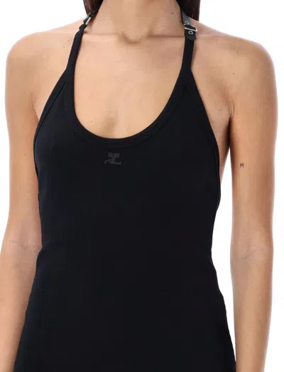 Courrèges White Stretch Cotton Fitted Mini Dress In Black