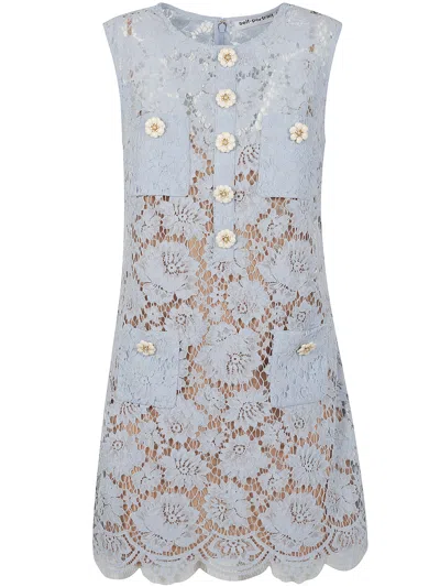 Self-portrait Blue Crewneck Mini Dress With All-over Lace Embroidery And Scallop Hem