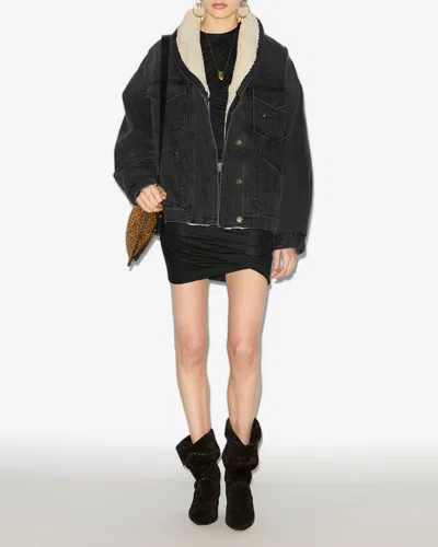 Isabel Marant Pimia Jacket In Denim And Faux Fur In Black