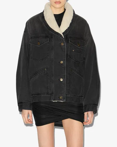 Isabel Marant Pimia Jacket In Denim And Faux Fur In Black