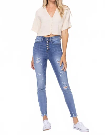 Judy Blue High Waist Destroyed Button Fly Skinny Denim Jeans In Blue In Blue
