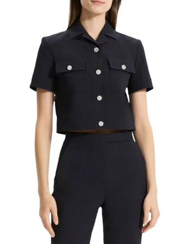 Theory Seersucker Cropped Short Sleeve Jacket In Navy In Blue