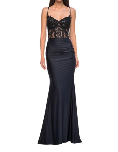 La Femme Sheer Net Bodice Prom Dress In Black In Black