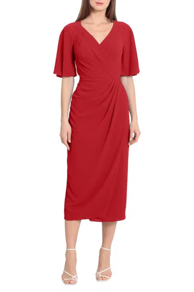 Maggy London Faux Wrap Short Sleeve Midi Dress In Rhubarb In Red