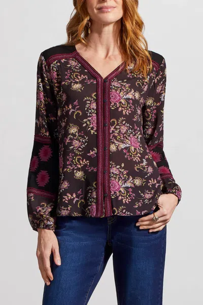 Tribal Long-sleeve Button Front Blouse With Embroidery In Black In Multi