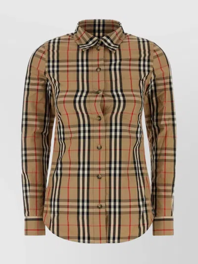 Burberry Cotton Shirt With Embroidered Check Pattern In Brown