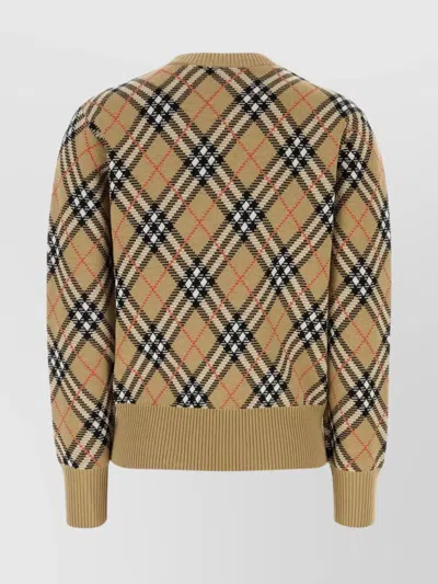 Burberry Wool Blend Sweater With Embroidered Check Pattern In Brown