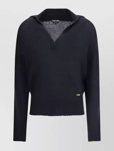 Tom Ford Ribbed Finish Wool Polo Sweater In Blue