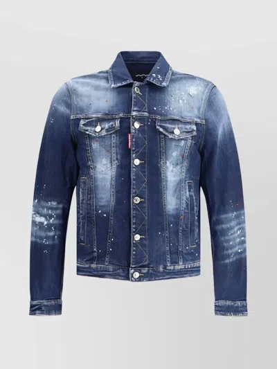 Dsquared2 Dan Blue Jacket With Classic Collar And All-over Painted Details In Denim Man In Blue