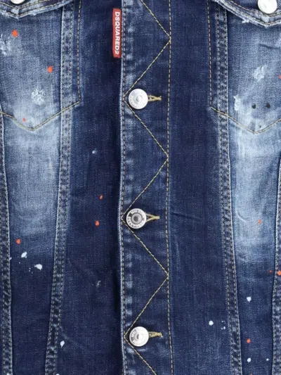 Dsquared2 Dan Blue Jacket With Classic Collar And All-over Painted Details In Denim Man In Blue