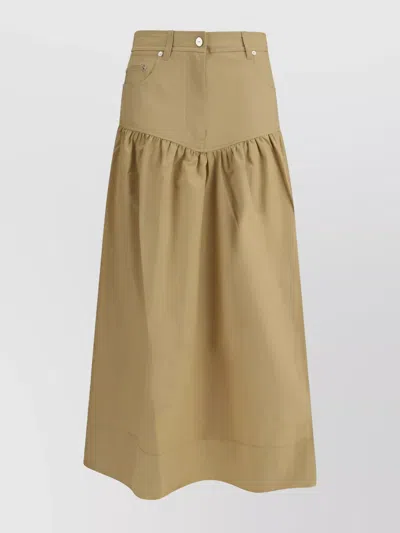 Ganni Womens Pale Khaki Summer Suiting Gathered Cotton And Linen Midi Skirt In Brown
