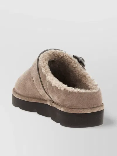Brunello Cucinelli Round Toe Flat Sole Sandals With Faux Fur Lining And Buckle Detail