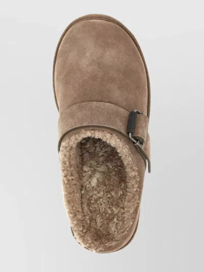 Brunello Cucinelli Round Toe Flat Sole Sandals With Faux Fur Lining And Buckle Detail